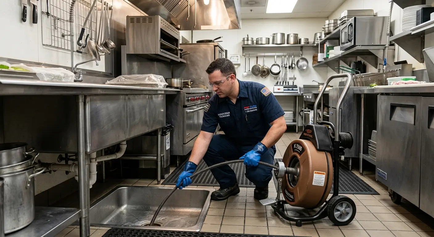 Commercial drain cleaning service in a restaurant kitchen in Center Point