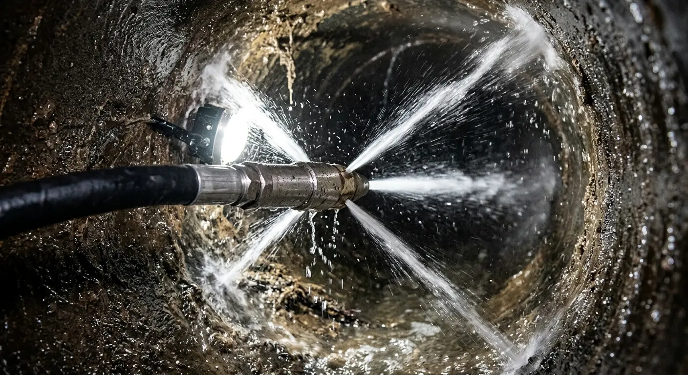 High-pressure hydro jetting nozzle cleaning sewer pipe for Sewer Cleanout in Center Point