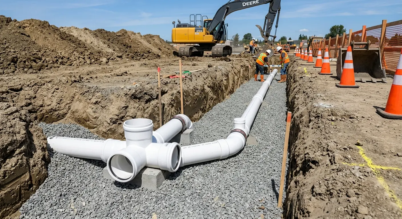 New PVC sewer pipe installation in open trench for Commercial Drain Cleaning in Center Point